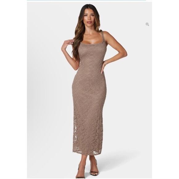 Bebe Dress Medium‎ Mocha Mousse Maxi Long Prom Lace Mesh Overlay Garden Fairy - Picture 1 of 16